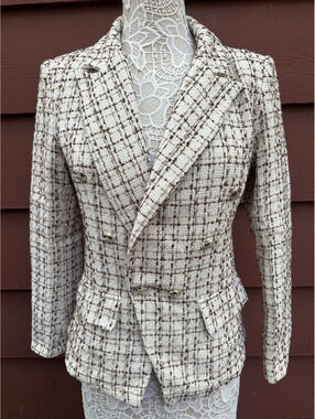 SHEIN Cream and Brown Tweed Double Breasted Blazer with Gold Buttons